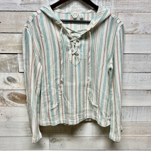Roxy Sweater Top Cabo Trip Poncho Womens Medium Stripe Hood Pockets - Picture 3 of 12